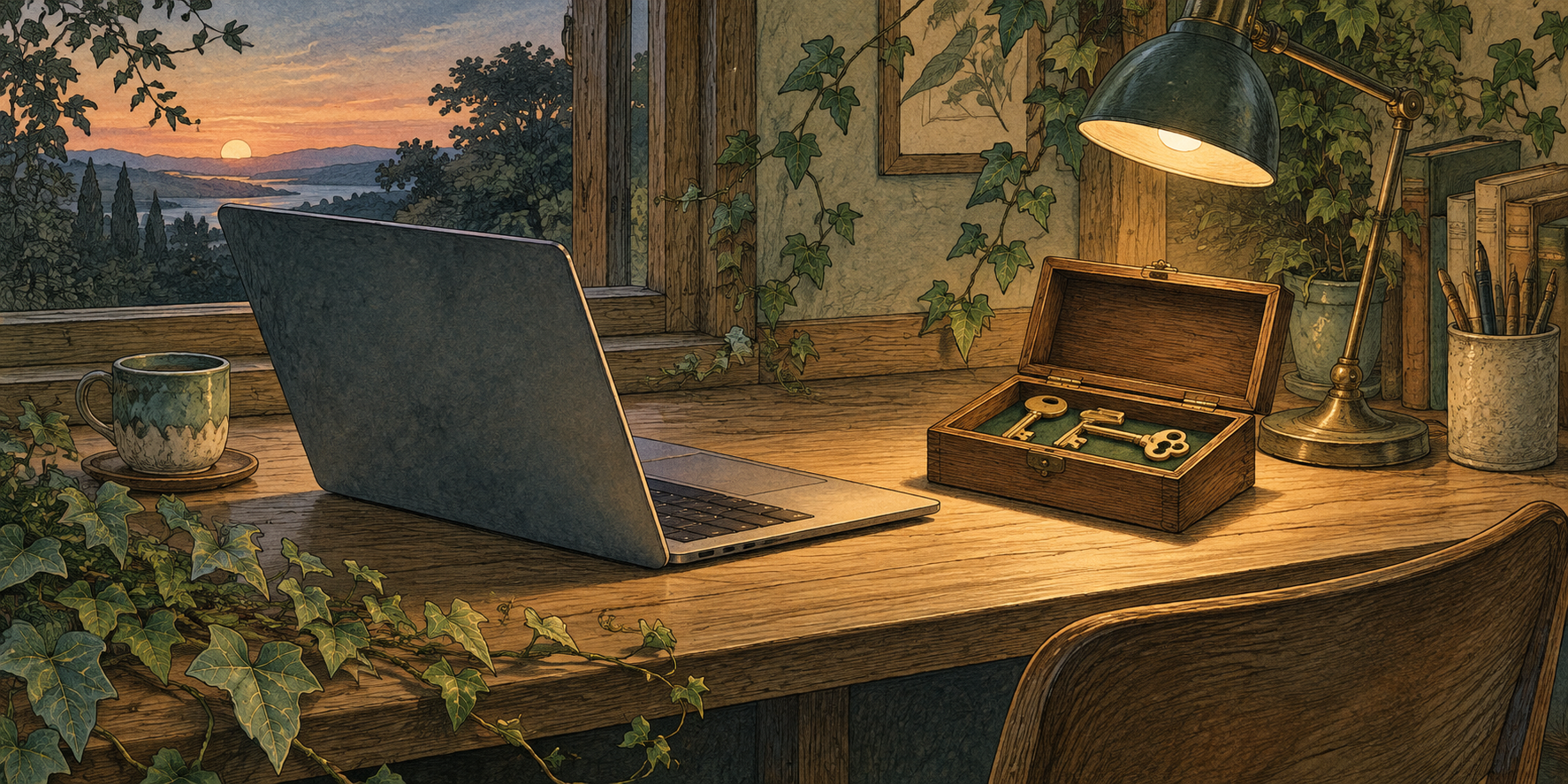 Atlas-style illustration of an unattended laptop on a workshop desk beside a wooden box holding a few selected brass keys.